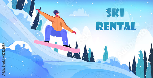 man snowboarding guy doing activities christmas new year holidays ski pass winter vacation concept full length