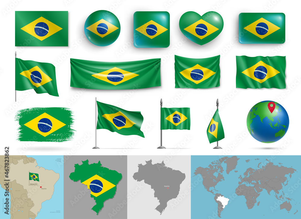 Set of Brazil flags of various shapes and maps. Realistic waving
