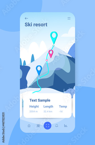 ski resort map mountain navigation for snowboarding and skiing on smartphone screen vertical vector illustration