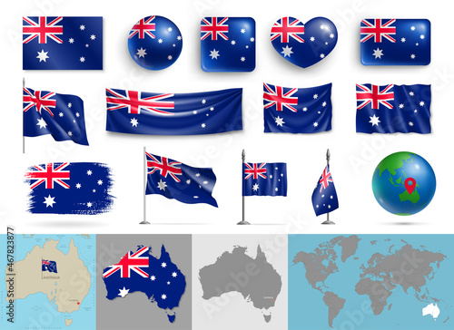 Australia flags of various shapes and geographic map set. Realistic waving Australian flags, glossy 3d buttons, highly detailed map and globe with location identification pin vector illustration