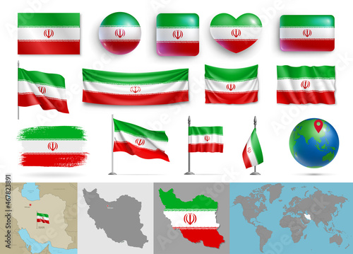 Iran flags of various shapes and geographic map set. Realistic Iranian flags, glossy buttons in patriotic colors, highly detailed map and globe with identification pin vector illustration