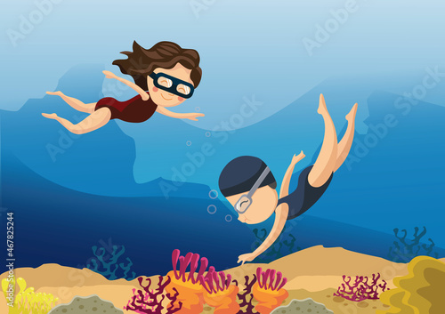  Diving in blue sea with corals. Girls swimming with mask vector characters