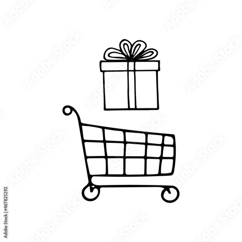 shopping cart and gift box hand drawn doodle. vector, minimalism, scandinavian, monochrome, nordic, sketch. banner, card, flyer, poster. purchase, sale.