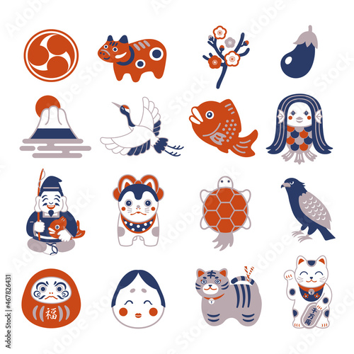 お正月・縁起物・恵比寿様・招き猫・アマビエ・めでたいアイコンイラストセット