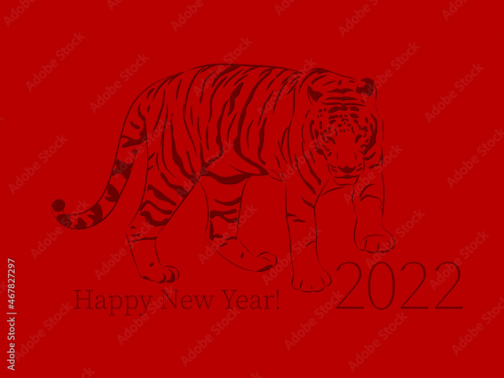 Fototapeta premium tiger outline on red background. 2022 happy new year text. vector illustration. design template for greeting card, banner, ad, invitation, flyer. layered color image