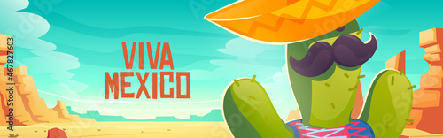 Viva Mexico banner with cute cactus in sombrero in desert. Vector poster with cartoon sand desert landscape with stones and funny cactus character with mustache and mexican hat