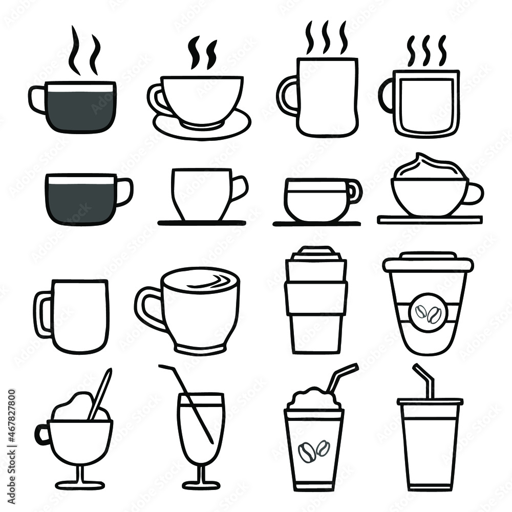 Set of coffee icon in mug and glass. Vector illustration thin line style. Set of coffee icon in mug and glass. Vector illustration thin line style.