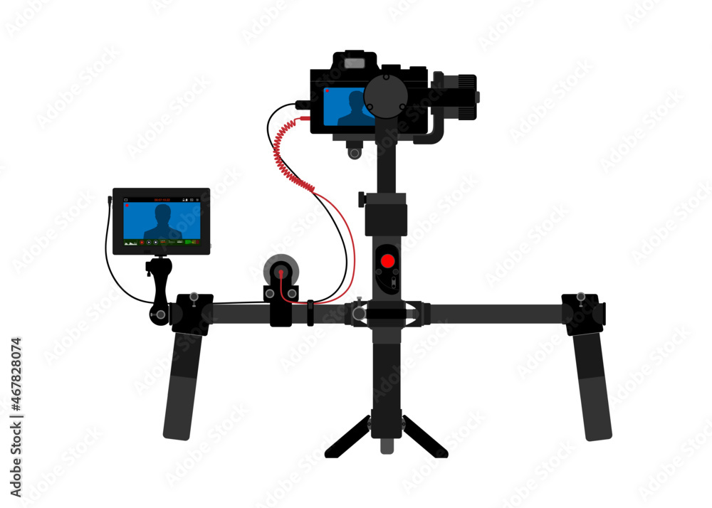 Fototapeta premium Mirrorless camera on 3-axis Gimbal with Monitor and Mic. DSLR Camera with accessories for video Production and Live Streaming.