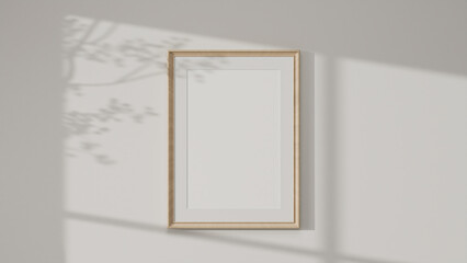 Minimal wooden picture poster frame mockup on white wallpaper