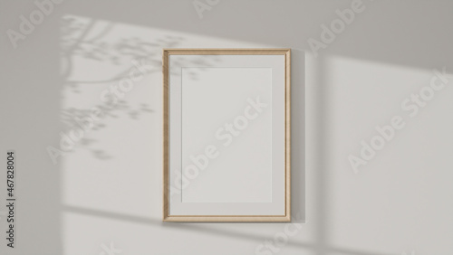 Minimal wooden picture poster frame mockup on white wallpaper photo