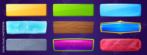 Rectangle buttons with golden, wooden and water textures for ui game design. Vector cartoon set of glossy labels from ice, stone, red crystal and purple jelly isolated on background
