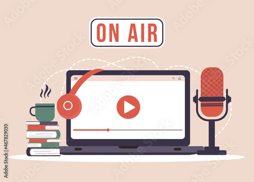 Podcast concept. Equipment for blogging, webcasting and broadcasting. Radio host workplace. Recording webinar, tutorials and online courses. Vector illustration in flat cartoon style.
