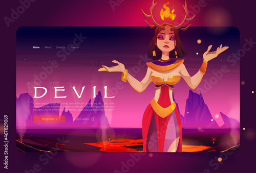 Devil banner with beautiful woman with horns and fire. Vector landing page with fantasy cartoon illustration of hell landscape with hot lava and rocks and girl demon