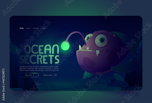 Ocean secrets banner with angler fish under water on bottom. Vector landing page of underwater sea life with cartoon illustration of scary anglerfish with lure and teeth on seafloor photo