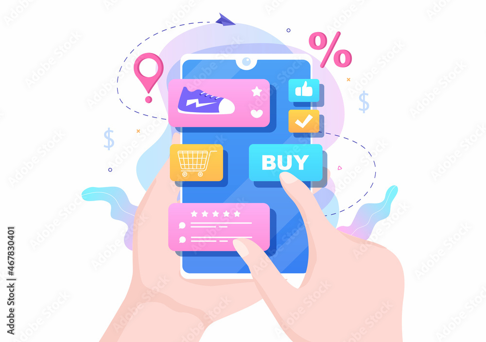 Mobile Store or Shopping Online in Application Vector Illustration. Digital Marketing Promotion, Payment and Purchase Via Credit Card for Poster Mobile Store or Shopping Online in Application Vector Illustration. Digital Marketing Promotion, Payment and Purchase Via Credit Card for Poster
