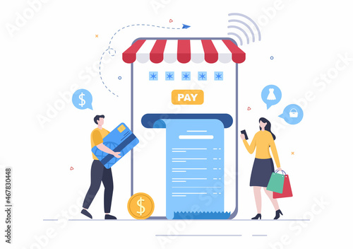 Mobile Store or Shopping Online in Application Vector Illustration. Digital Marketing Promotion, Payment and Purchase Via Credit Card for Poster