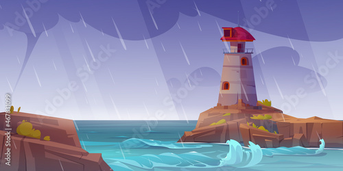 Lighthouse on rock island in sea in storm. Vector cartoon illustration of ocean shore landscape with beacon building on cliff, rain and waves. Seascape with nautical navigation tower at rainy weather