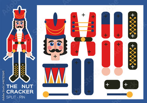 Nutcracker Split-Pin Paper Cut Game. Christmas craft activity for kids. Enjoy fine motor skills. New Year making puppet shows and poses. DIY Soldier. Worksheets for kids.
