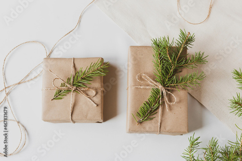 christmas gift isolated on white background decoration festive handmade flat lay. Top view