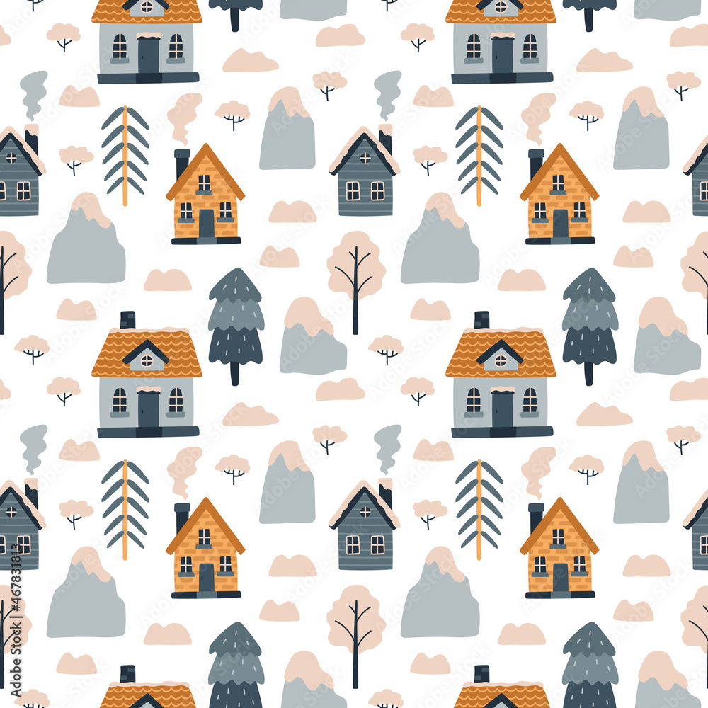 Winter landscape. Vector seamless pattern with cozy houses, mountains, spruces, shrubs. Christmas holidays. Northern village. Hand drawn illustration. Scandinavian style.