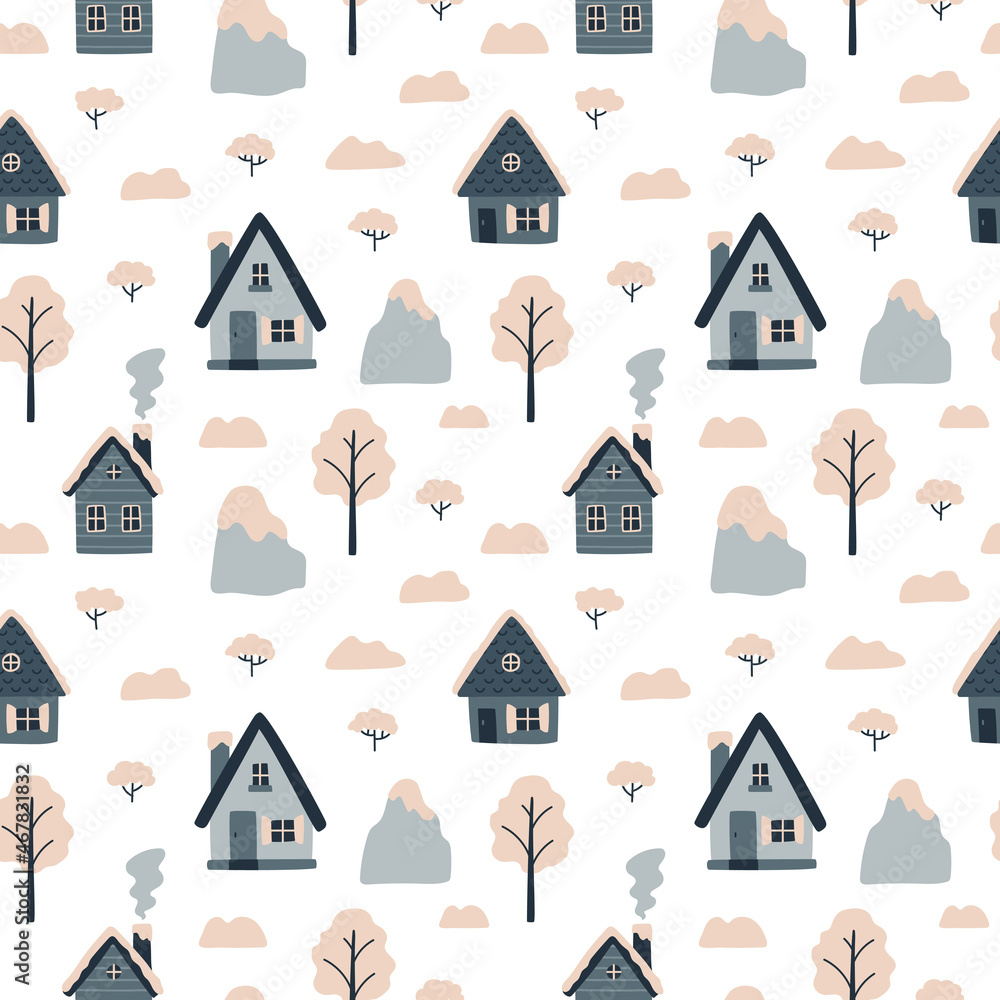 Winter landscape. Vector seamless pattern with cozy houses, mountains, trees, shrubs. Christmas holidays. Northern village. Hand drawn illustration. Scandinavian style.