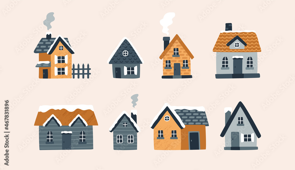 Collection of winter houses. Vector illustration with cozy houses. Christmas Holidays. North village. Hand drawn illustration. Scandinavian style.