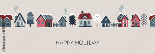 Winter landscape. Vector seamless border with cozy houses, spruces, trees. Christmas holidays. Northern village. Hand drawn illustration. Scandinavian style.