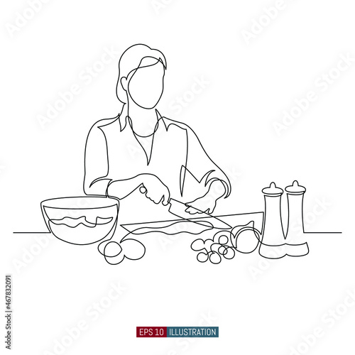 Continuous line drawing of Woman prepares food in her own kitchen. Cooking scene. Template for your design. Vector illustration.