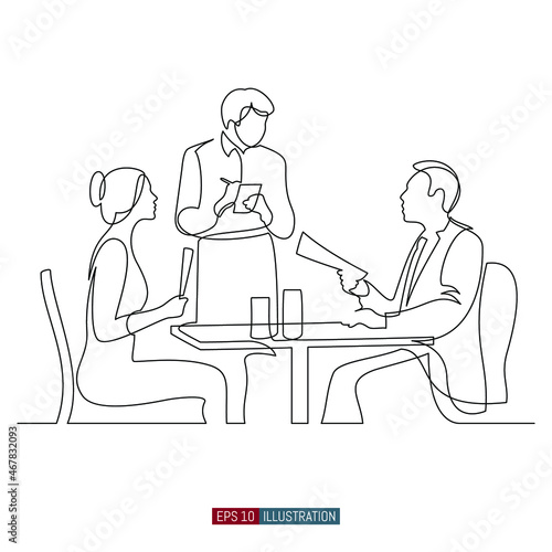 Continuous line drawing of Man and woman at a table in a restaurant. The waiter accepts the order. Lunch or dinner scene. Template for your design. Vector illustration.