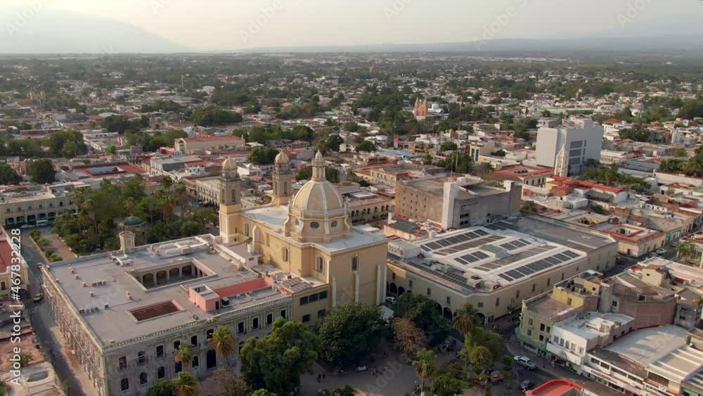 Aerial View Of Catedral Basilica Menor de Colima And Palacio de Gobierno In Mexico. - orbit right Aerial View Of Catedral Basilica Menor de Colima And Palacio de Gobierno In Mexico. - orbit right