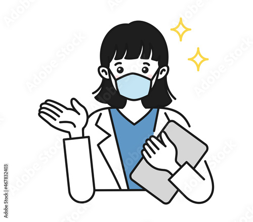 案内や説明をする白衣を着てマスクをした女性の看護師/医師のイラスト素材