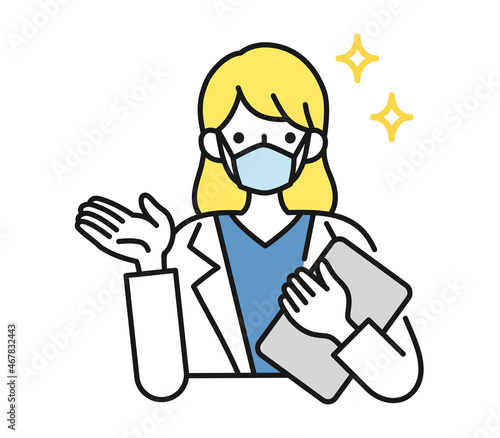 案内や説明をする白衣を着てマスクをした女性の看護師/医師のイラスト素材