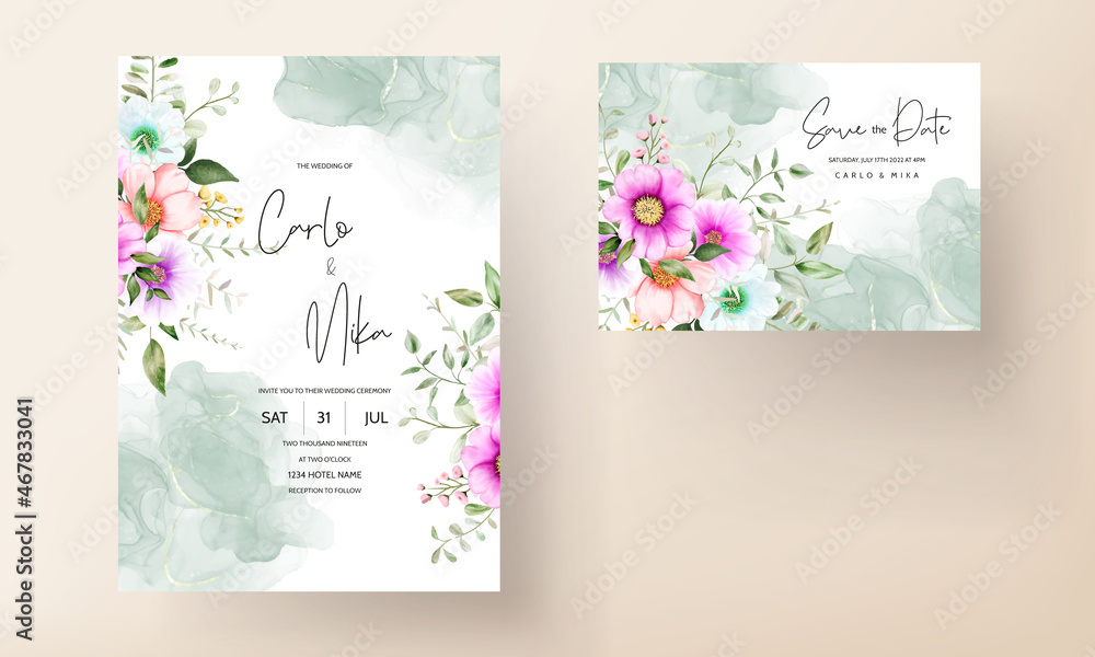 Beautiful floral frame wedding invitation card with watercolor flower and leaves