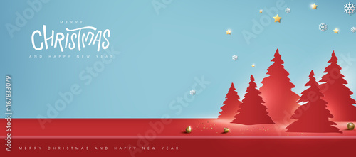 Merry Christmas banner with product display cylindrical shape and christmas tree paper cut style