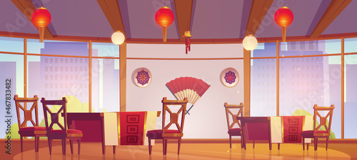 Chinese or japanese restaurant with wooden furniture, red asian lanterns and fan on wall. Vector cartoon illustration of empty china cafe interior with tables, chairs and windows with city view