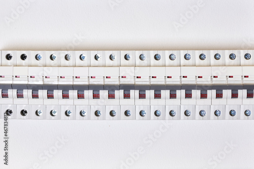 Electrical Circuit Breakers. RCD circuit breaker board with many switches. Circuit for the lighting. Electrical circuit breaker switch panel