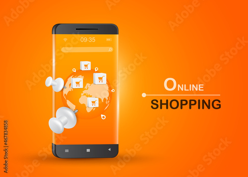 Location pin on the world map on the android smartphone screen for delivery and online shopping concept design,vector 3d on orange background for advertising design