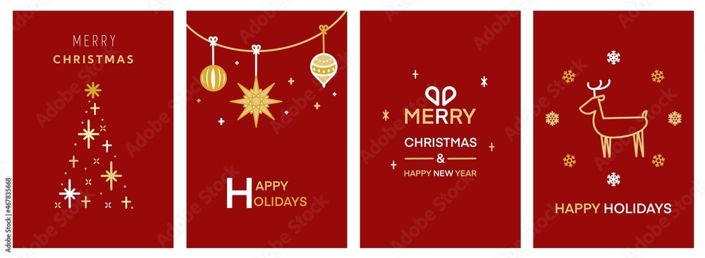 シンプルでモダンなクリスマスカードセット4種(赤) Merry Christmas modern card set elements greeting text lettering red background シンプルでモダンなクリスマスカードセット4種(赤) Merry Christmas modern card set elements greeting text lettering red background