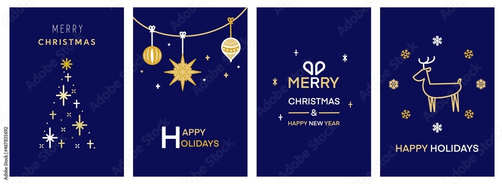 シンプルでモダンなクリスマスカードセット4種 青 Merry Christmas Modern Card Set Elements Greeting Text Lettering Blue Background Stock Illustration Adobe Stock