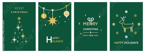 シンプルでモダンなクリスマスカードセット4種（緑）　Merry Christmas modern card set elements greeting text lettering green background