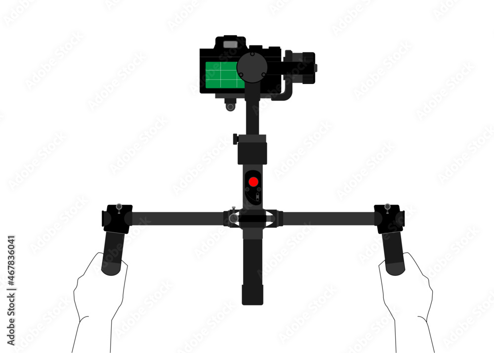 Naklejka premium DSLR camera on 3-axis Gimbal with Handheld by Camera operator. DSLR Camera with accessories for video Production and Live Streaming.