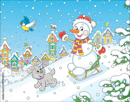 Happy little snowman and a merry small puppy cheerfully sledding down a snow hill on a playground in a snowy park of a pretty town on winter holidays, vector cartoon illustration