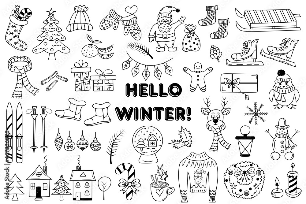 Hello winter doodle set. Hand drawn winter and Christmas elements.  