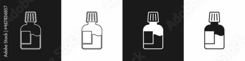 Set Mouthwash plastic bottle icon isolated on black and white background. Liquid for rinsing mouth. Oralcare equipment. Vector
