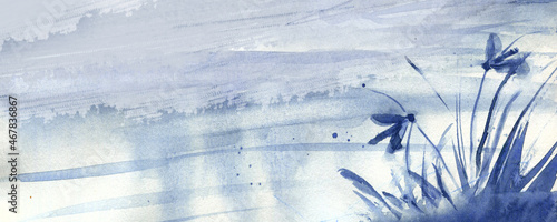 Indigo colored nautical painting with lake scenery and trees on the shore. Hand drawn watercolor illustration. Social media banner or header.