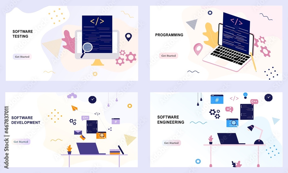 Landing pages of software development coding process concept. Designer, programming, testing cross platform code, app. Create, editing script website and mobile device. Technology software of business