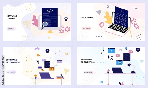 Landing pages of software development coding process concept. Designer, programming, testing cross platform code, app. Create, editing script website and mobile device. Technology software of business