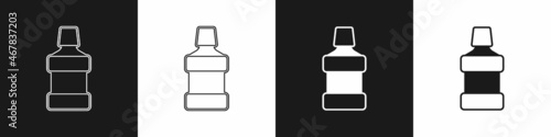 Set Mouthwash plastic bottle icon isolated on black and white background. Liquid for rinsing mouth. Oralcare equipment. Vector
