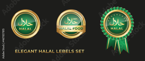 Set of elegant green halal food products labels, badges and logo design. Gold and green vector isolated elegant premium Halal sign certificate tag. photo