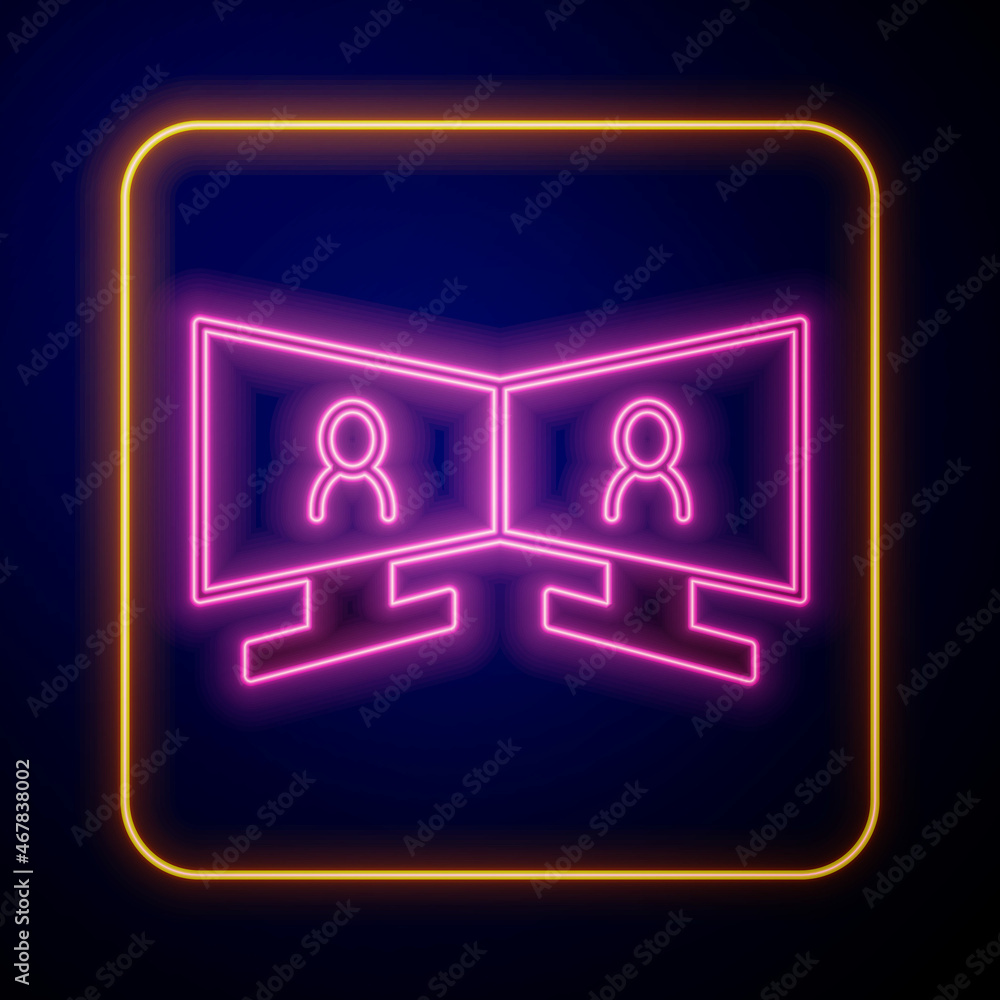 Glowing neon Video chat conference icon isolated on black background. Online meeting work form home. Remote project management. Vector Glowing neon Video chat conference icon isolated on black background. Online meeting work form home. Remote project management. Vector